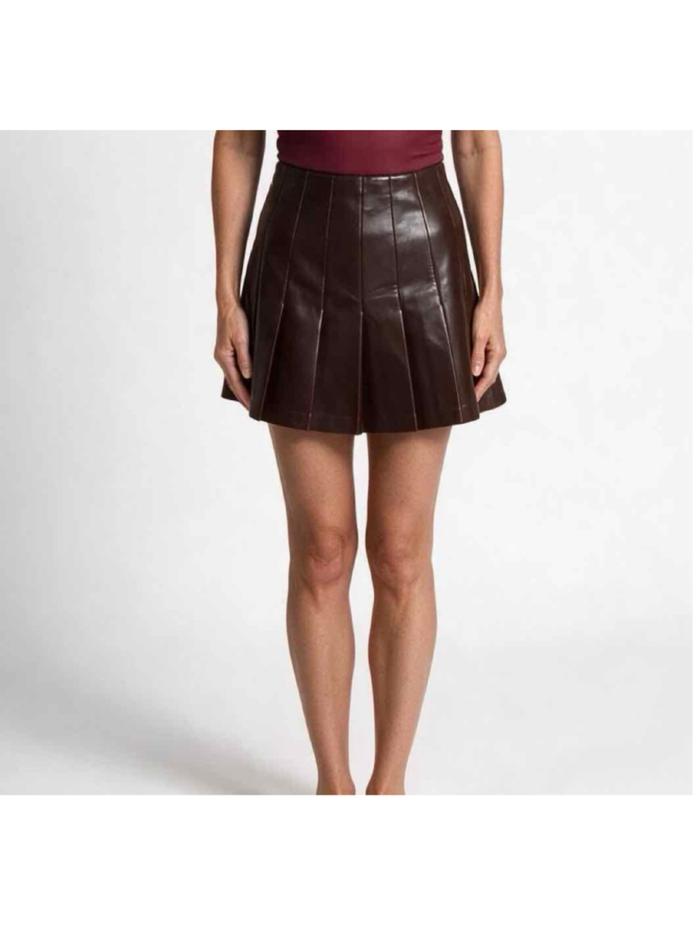 Alice + Olivia NWT Carter Vegan Leather Pleated Mini Skirt Dark Chocolate Sz 8